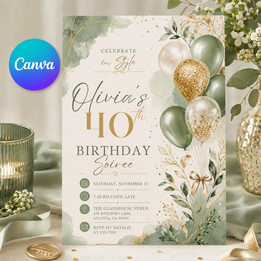 Gold Elegant Celebrate In Style 40th Birthday Invitation — editable Canva template