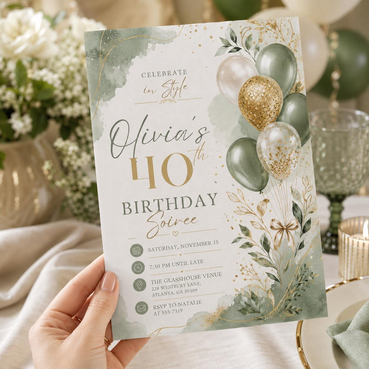 Gold Elegant Celebrate In Style 40th Birthday Invitation — balloon design