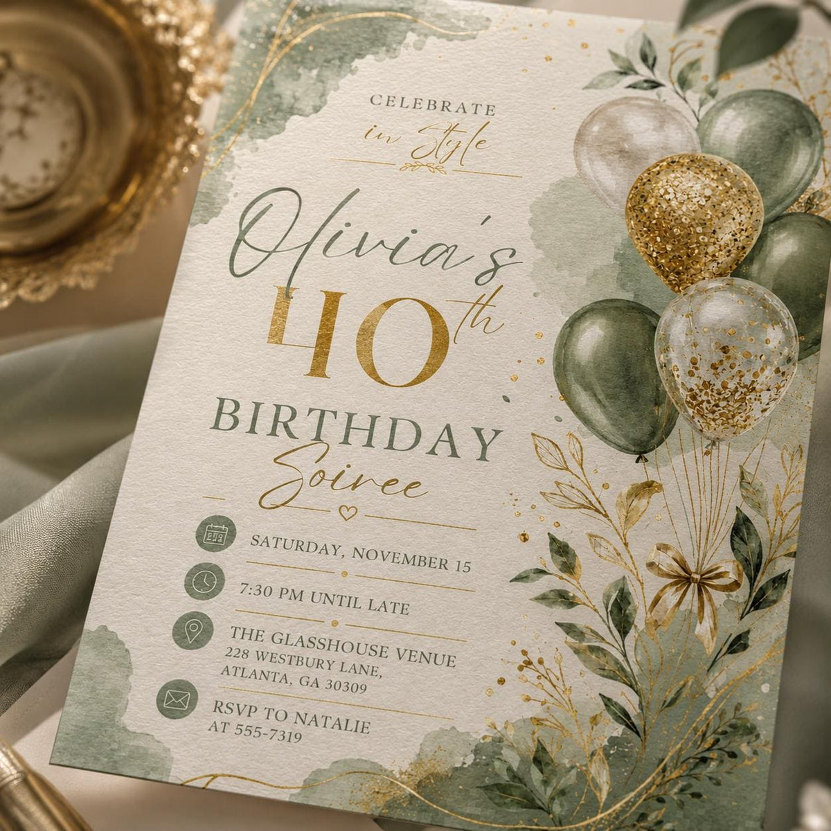 Gold Elegant Celebrate In Style 40th Birthday Invitation — digital invitation, instant download