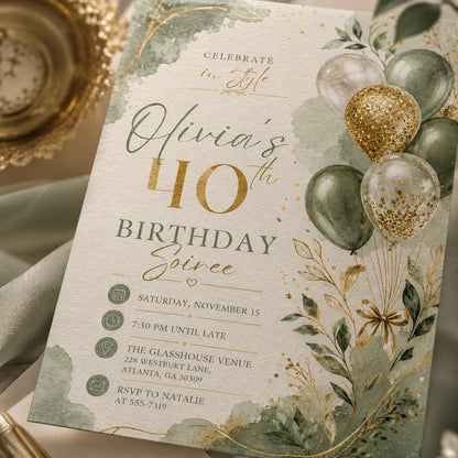 Gold Elegant Celebrate In Style 40th Birthday Invitation — digital invitation, instant download