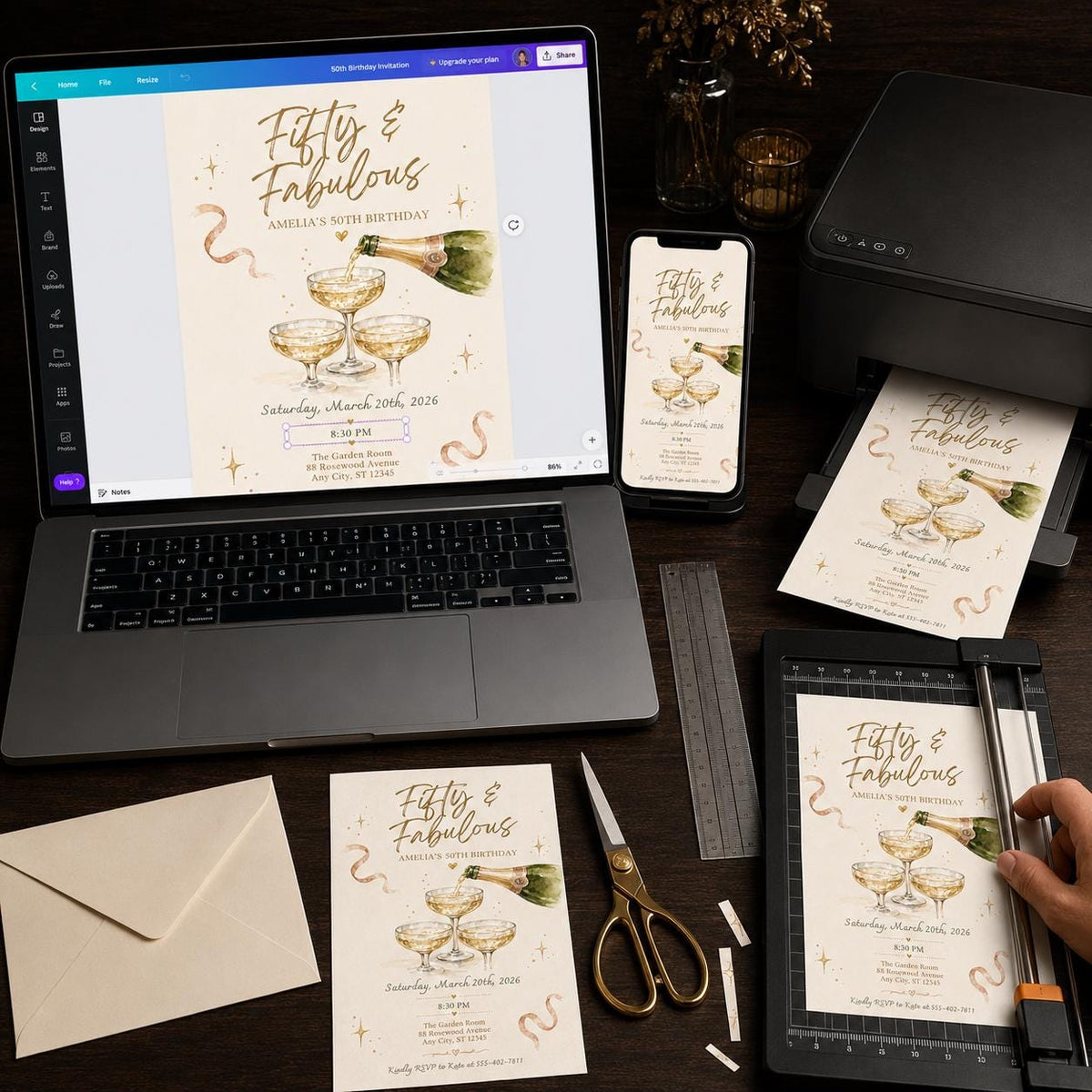 Gold Elegant Fifty Birthday Invitation — print-ready birthday party design from VoltBy
