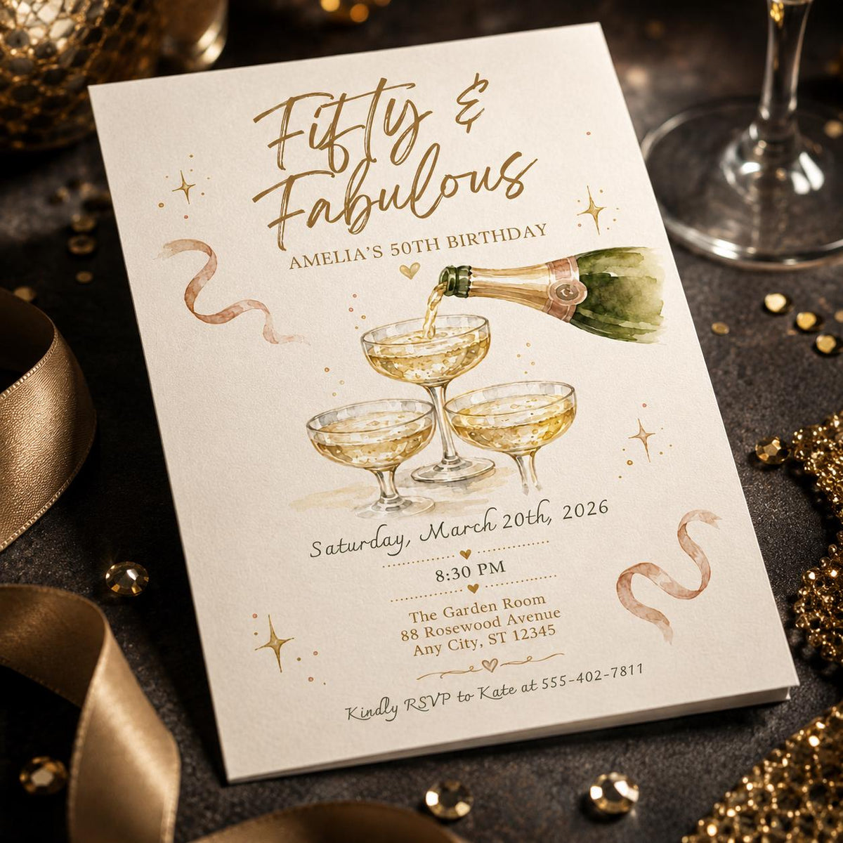 Gold Elegant Fifty Birthday Invitation — digital invitation, instant download