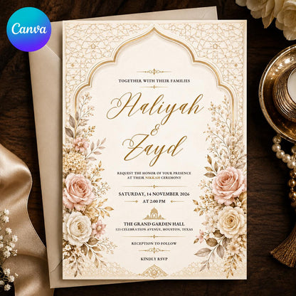 Gold Elegant Nikkah Invitation — editable Canva template