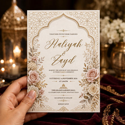 Gold Elegant Nikkah Invitation — invitation you personalize in Canva