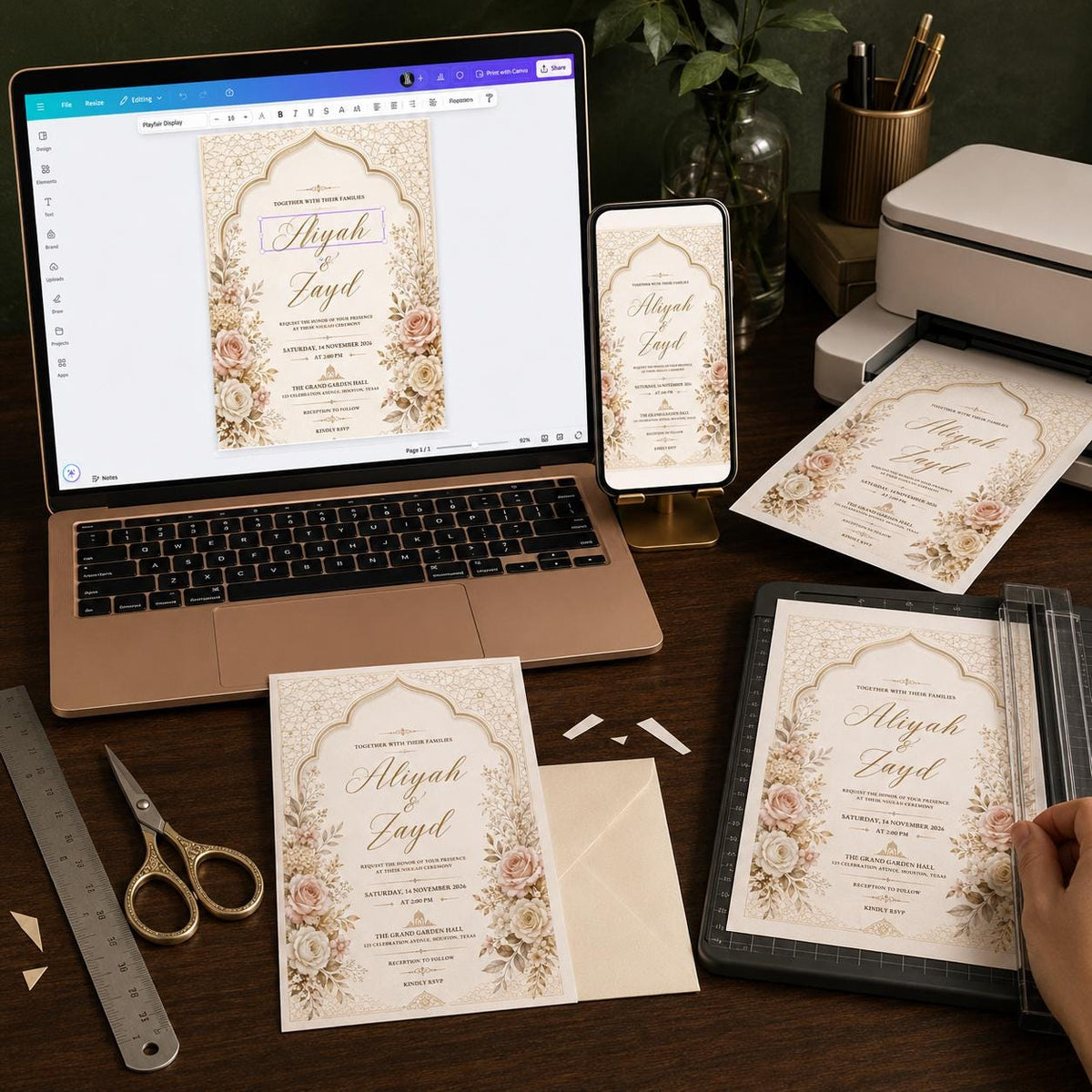 Gold Elegant Nikkah Invitation — print-ready nikah ceremony design from VoltBy