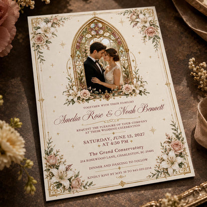 Gold Elegant Stained Glass Wedding Invitation — floral design