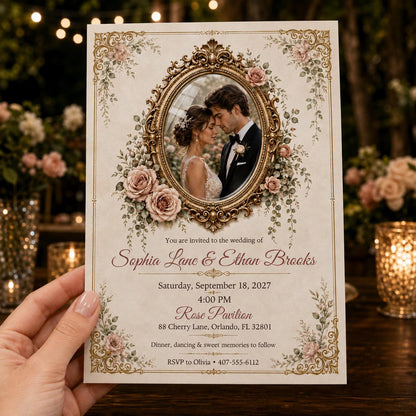 Gold Elegant Vintage Wedding Invitation — floral design