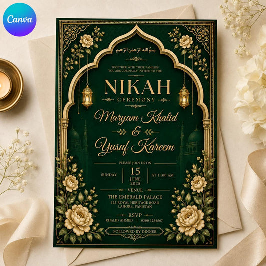 Gold Floral Emerald Green Nikah Invitation — editable Canva template