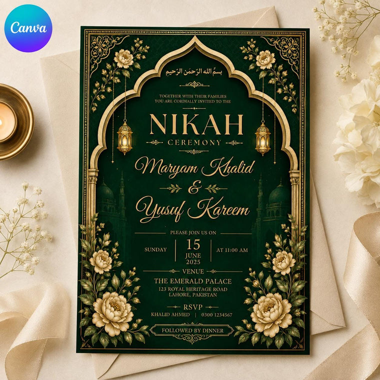 Gold Floral Emerald Green Nikah Invitation