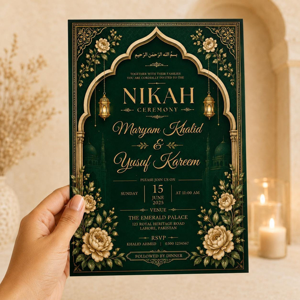 Gold Floral Emerald Green Nikah Invitation — print-ready nikah ceremony design from VoltBy