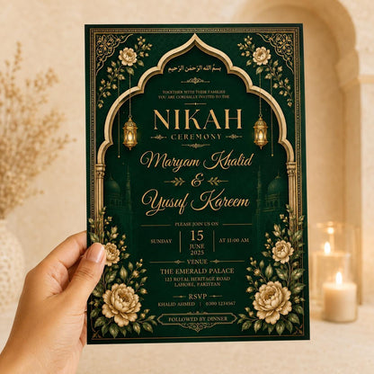 Gold Floral Emerald Green Nikah Invitation — print-ready nikah ceremony design from VoltBy