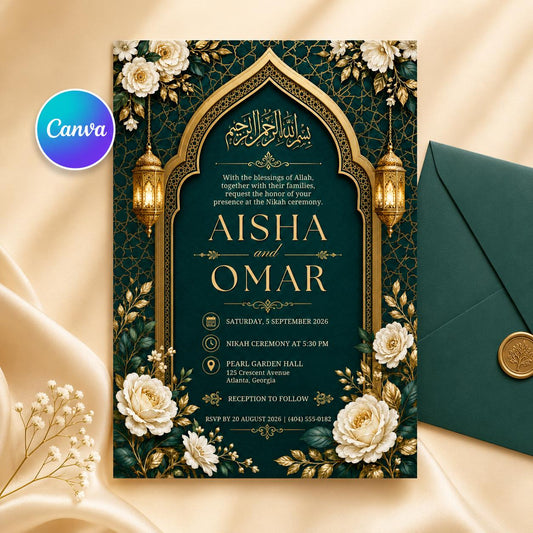 Gold Floral Islamic Nikah Invitation — editable Canva template