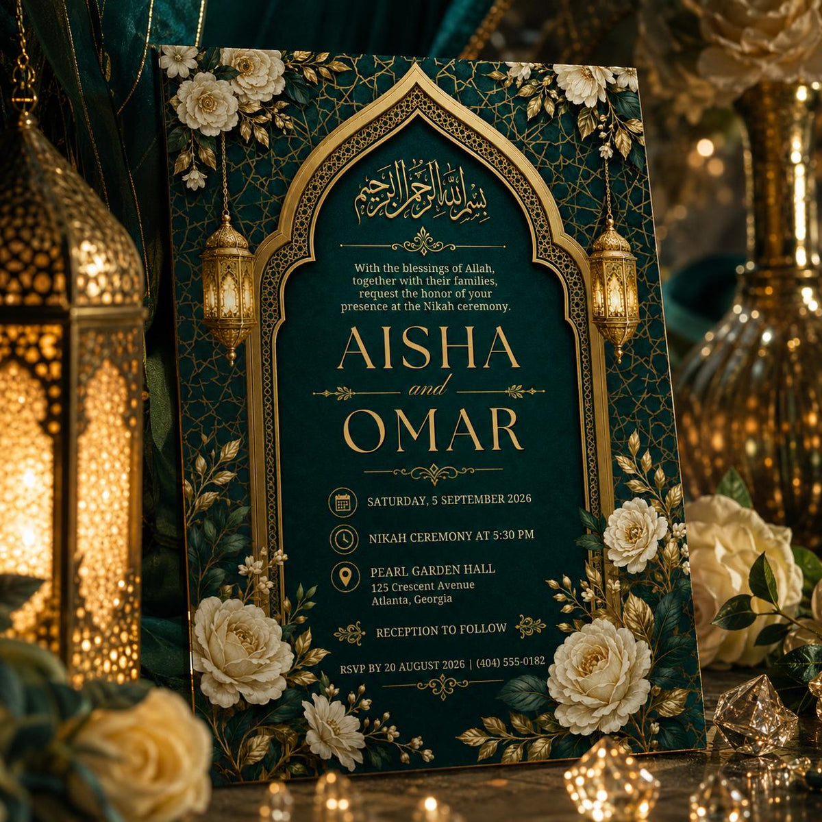 Gold Floral Islamic Nikah Invitation — invitation you personalize in Canva