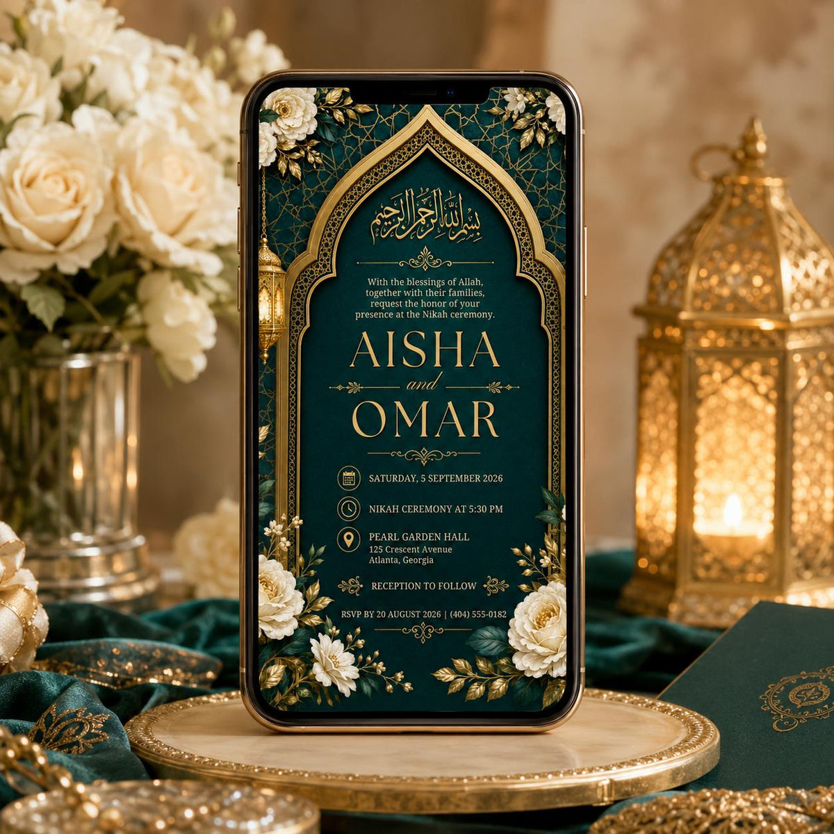 Gold Floral Islamic Nikah Invitation — print-ready nikah ceremony design from VoltBy