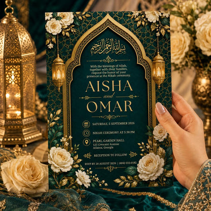 Gold Floral Islamic Nikah Invitation — digital invitation, instant download