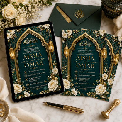 Gold Floral Islamic Nikah Invitation — nikah ceremony stationery by VoltBy