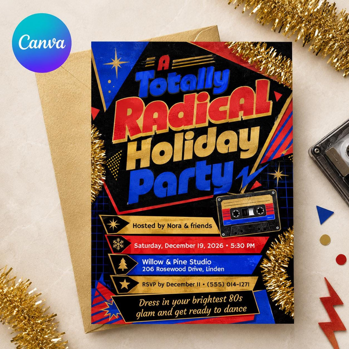 Gold Retro 80s Christmas Party Invitation — editable Canva template