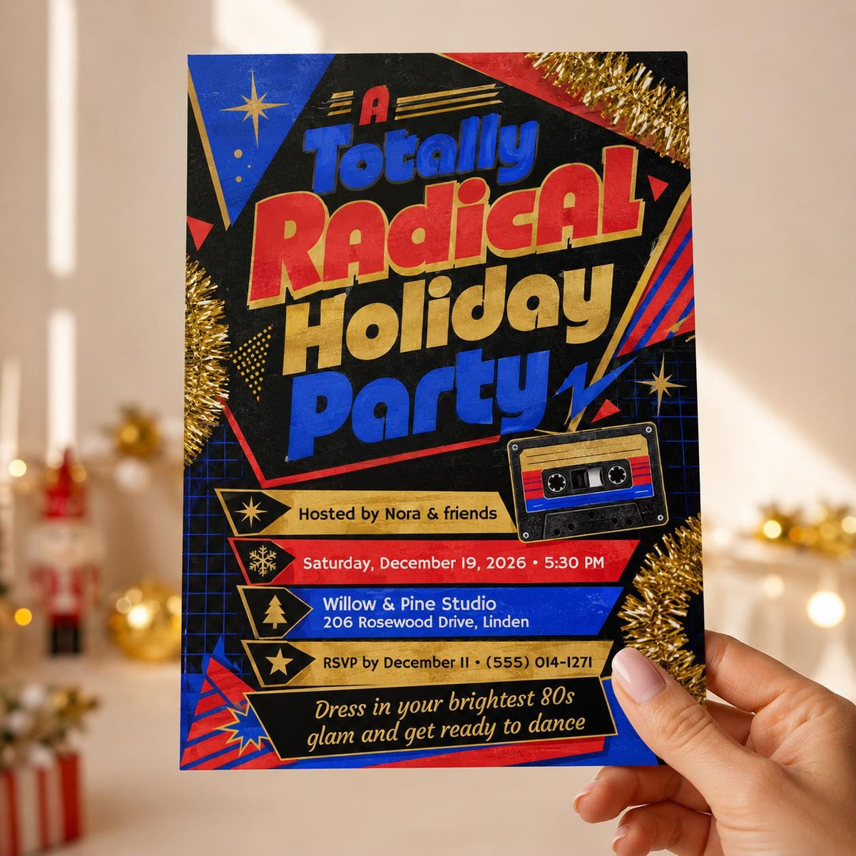Gold Retro 80s Christmas Party Invitation — invitation you personalize in Canva