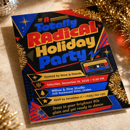 Gold Retro 80s Christmas Party Invitation — digital invitation, instant download