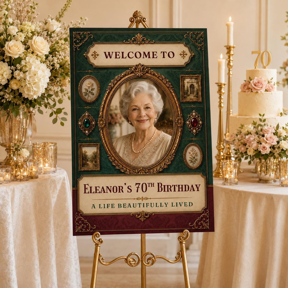 Gold Vintage 70th Birthday Welcome Sign — digital welcome sign, instant download