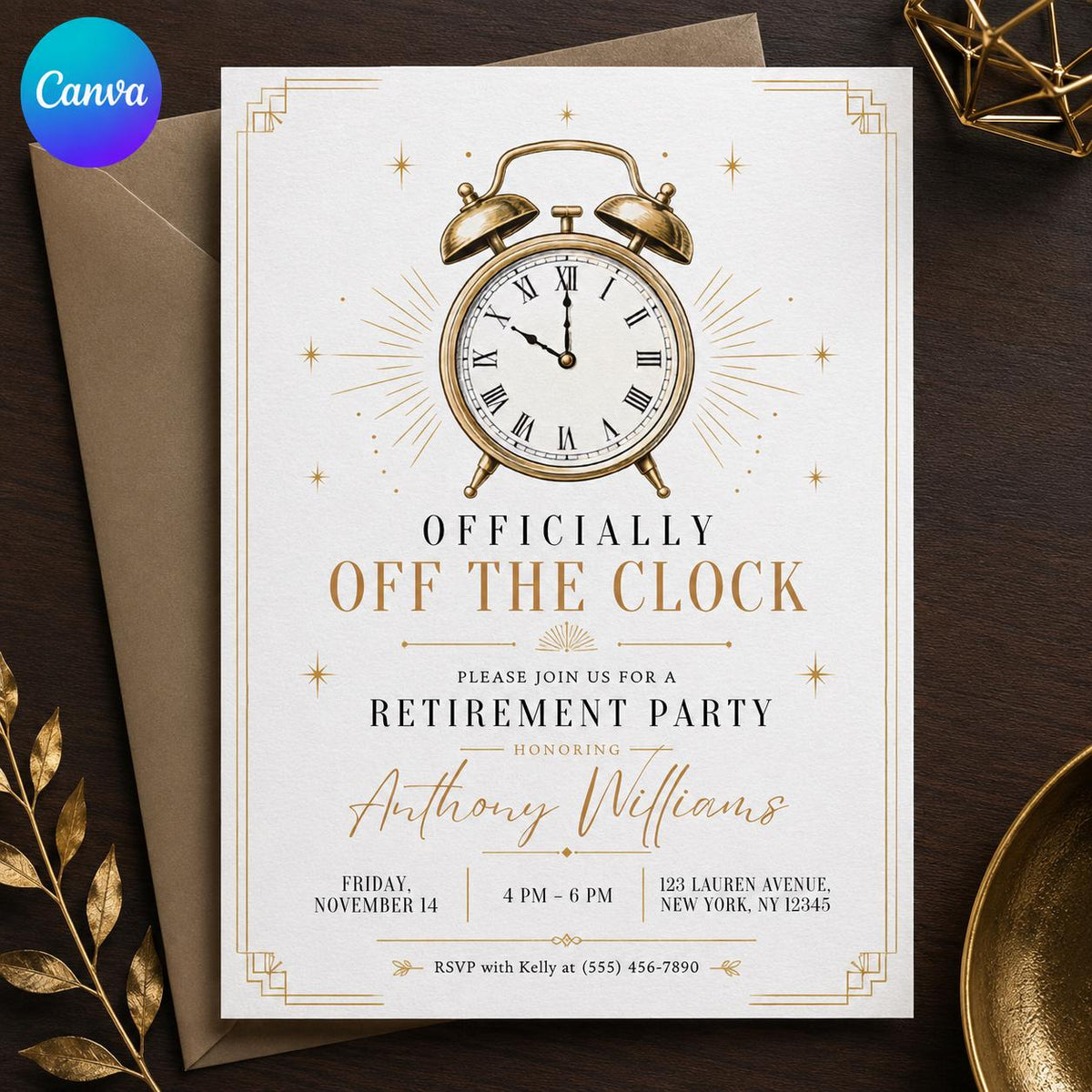 Gold Vintage Retirement Party Invitation — editable Canva template