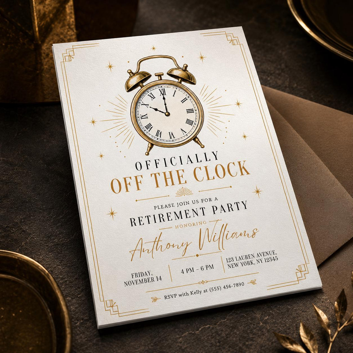 Gold Vintage Retirement Party Invitation — clock design