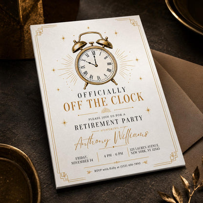 Gold Vintage Retirement Party Invitation — clock design
