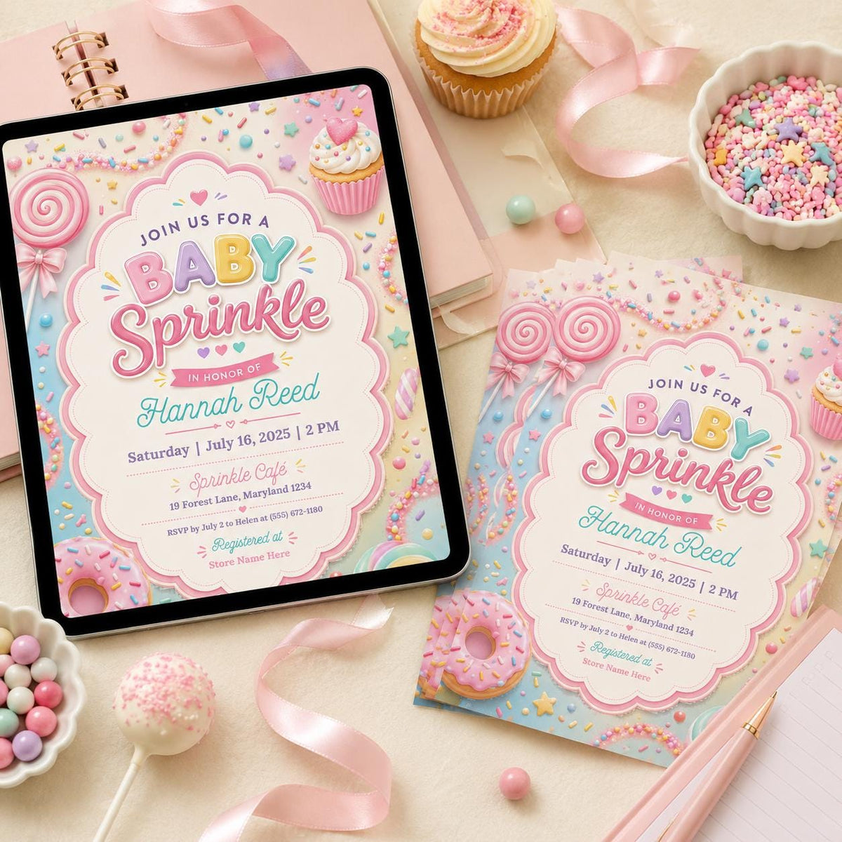 Gold Watercolor Pink Cupcake Baby Sprinkle Invitation — print-ready baby sprinkle design from VoltBy