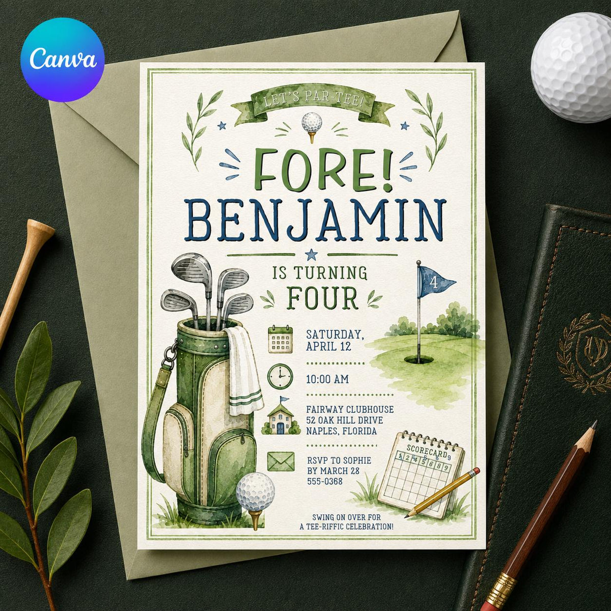 Golf 4th Birthday Invitation for Boys — editable Canva template