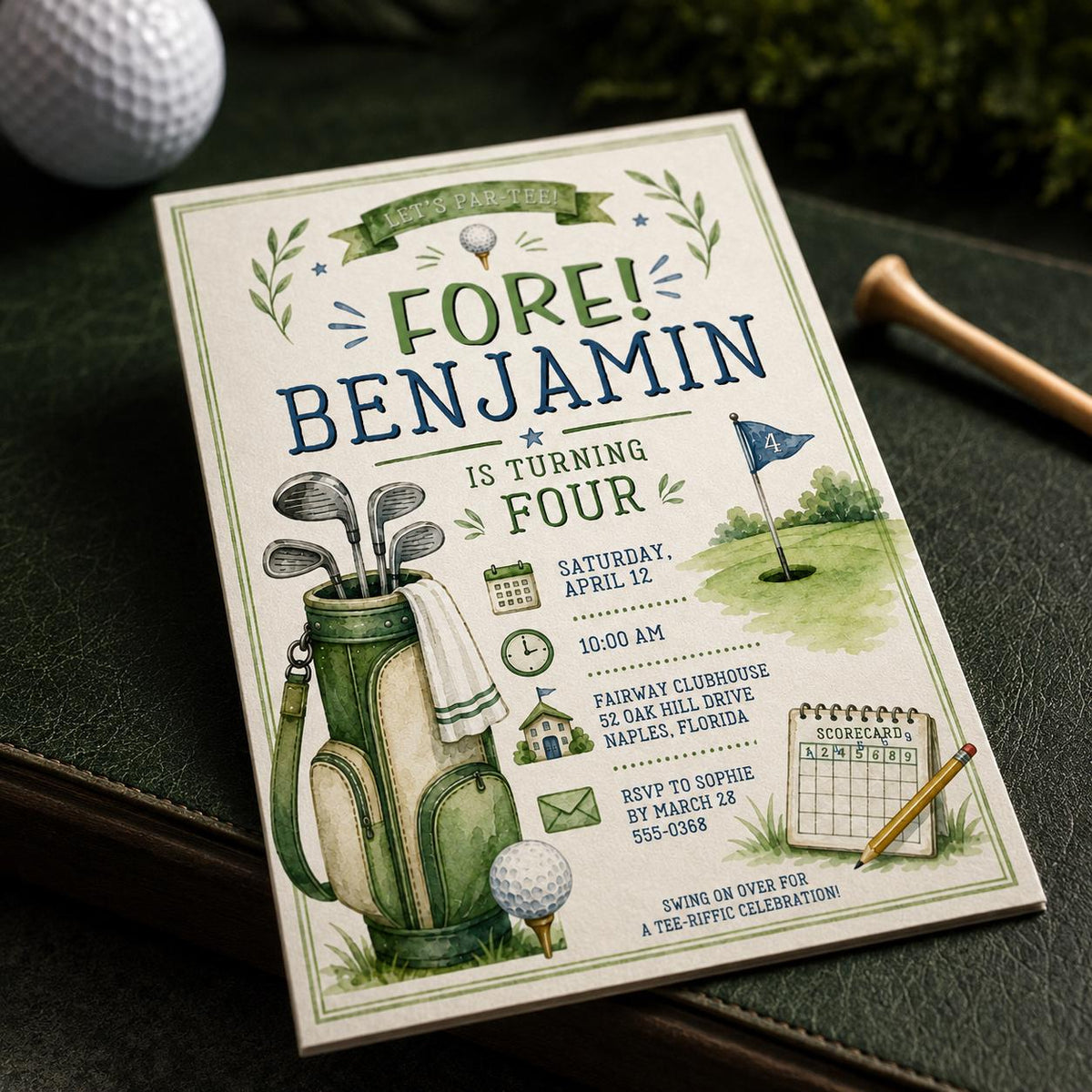 Golf 4th Birthday Invitation for Boys — 4th birthday party stationery by VoltBy