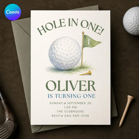 Golf First Birthday Invitation — editable Canva template