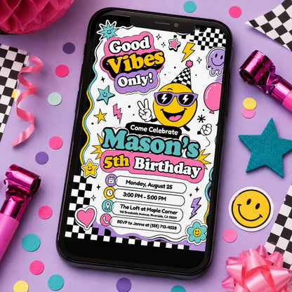 Good Vibes Smiley 5th Birthday Invitation — checkered 5th birthday party design