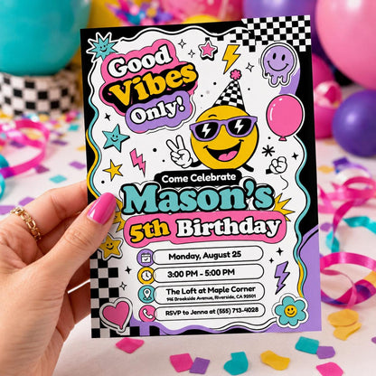 Good Vibes Smiley 5th Birthday Invitation — print-ready 5th birthday party design from VoltBy