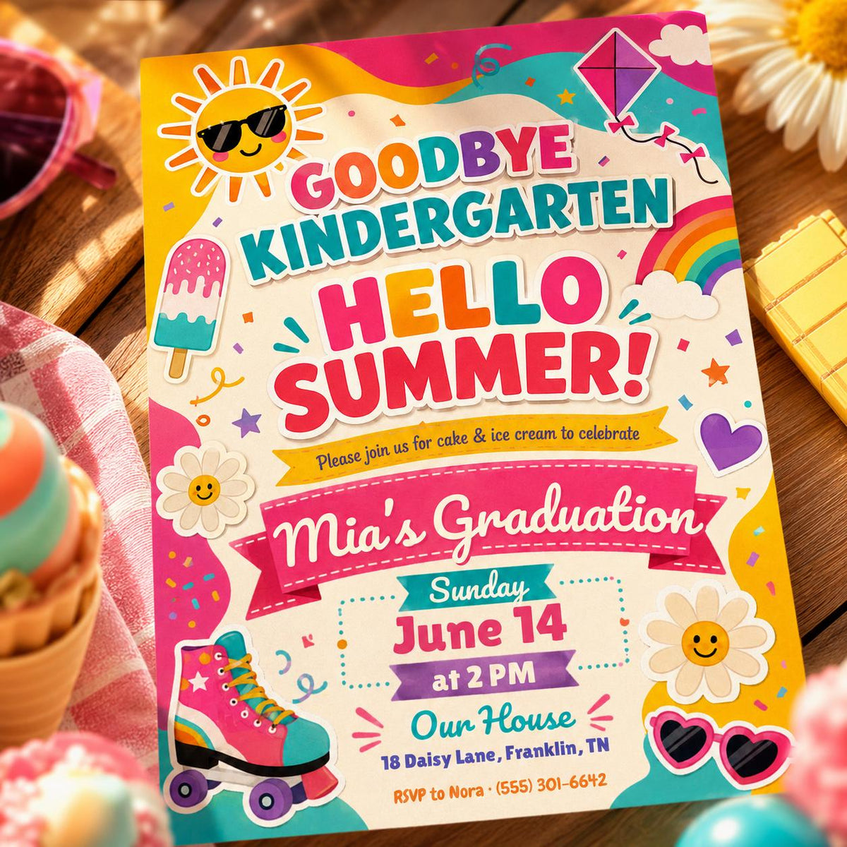 Goodbye Kindergarten Hello Summer Graduation Invitation — invitation you personalize in Canva