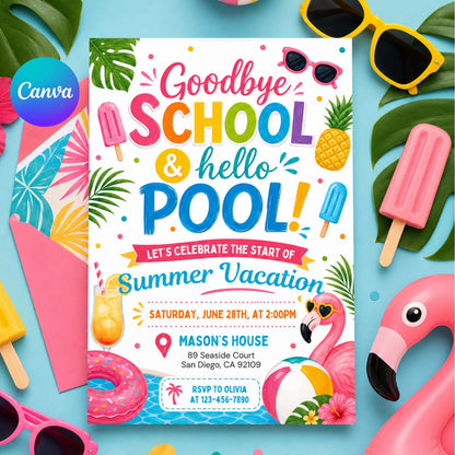 Goodbye School, Hello Pool Invitation with Flamingo Float — editable Canva template