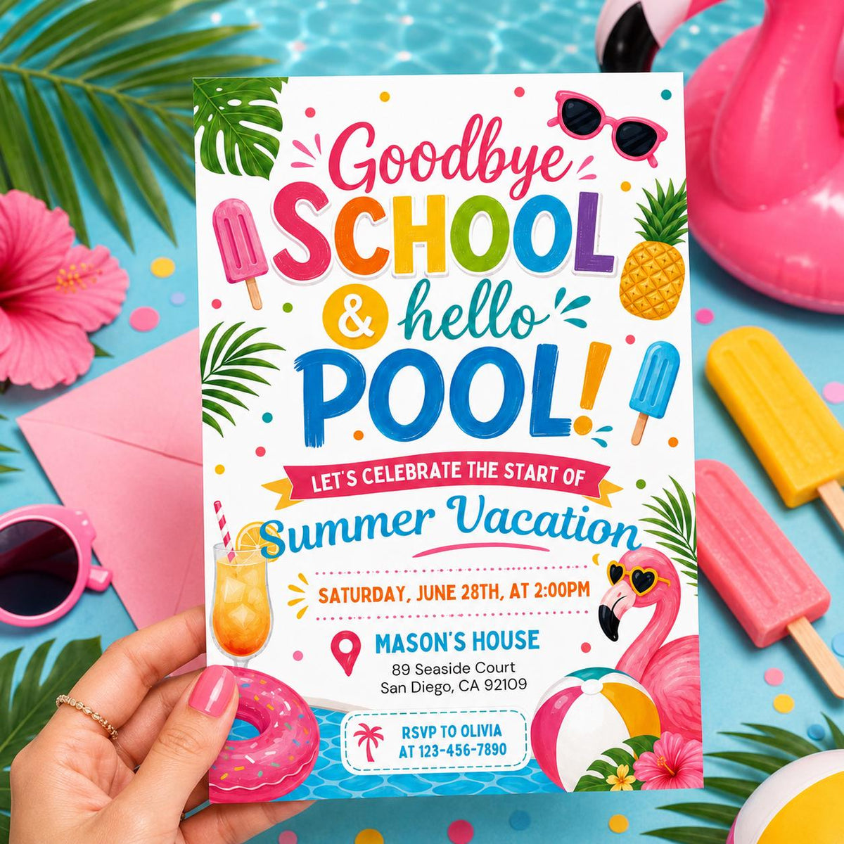 Goodbye School, Hello Pool Invitation with Flamingo Float — leaf design