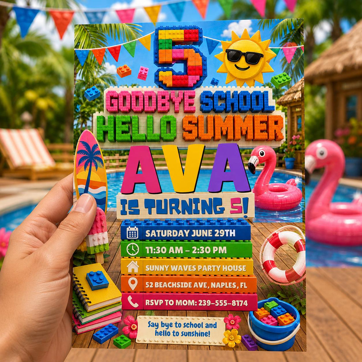 Goodbye School Hello Summer 5th Birthday Block Party Invitation — editable Canva template for a 5th birthday party