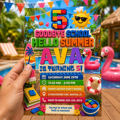 Goodbye School Hello Summer 5th Birthday Block Party Invitation — editable Canva template for a 5th birthday party