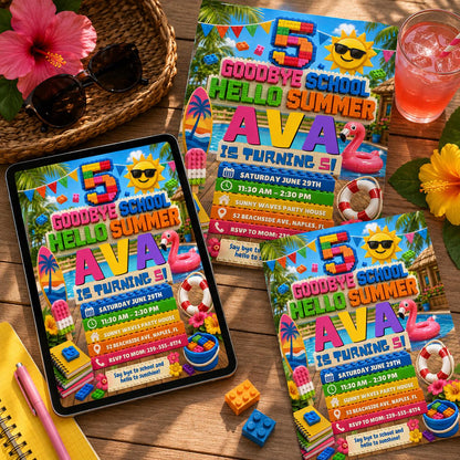 Goodbye School Hello Summer 5th Birthday Block Party Invitation — printable invitation from VoltBy