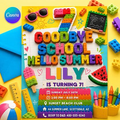 Goodbye School Hello Summer 7th Birthday Block Invitation
