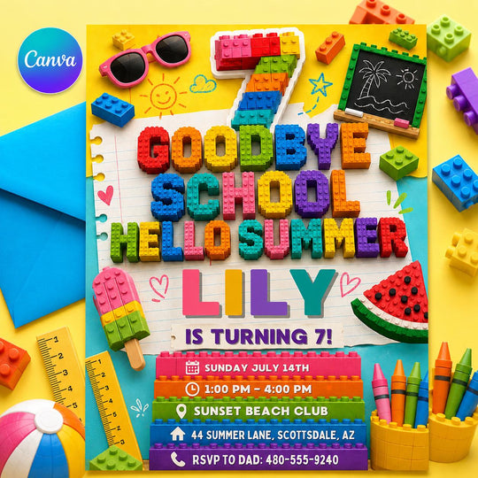 Goodbye School Hello Summer 7th Birthday Block Invitation