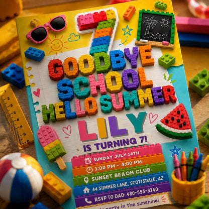 Goodbye School Hello Summer 7th Birthday Block Invitation — building blocks and watermelon design for a 7th birthday party