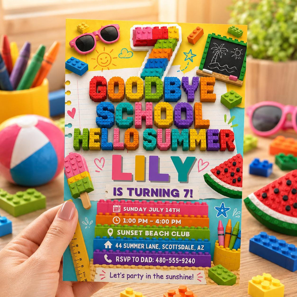 Goodbye School Hello Summer 7th Birthday Block Invitation — editable Canva template for a 7th birthday party