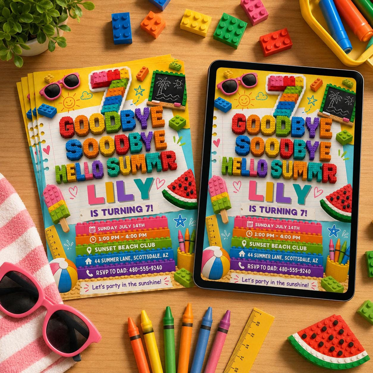 Goodbye School Hello Summer 7th Birthday Block Invitation — printable invitation from VoltBy
