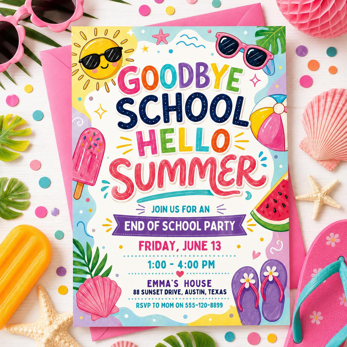 Goodbye School, Hello Summer Invitation — invitation you personalize in Canva