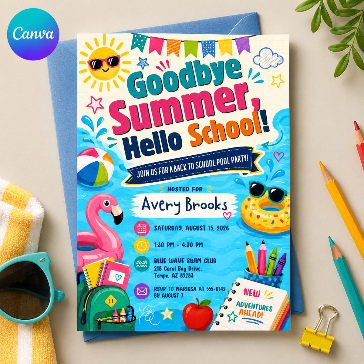 Goodbye Summer Hello School Pool Party Invitation — editable Canva template