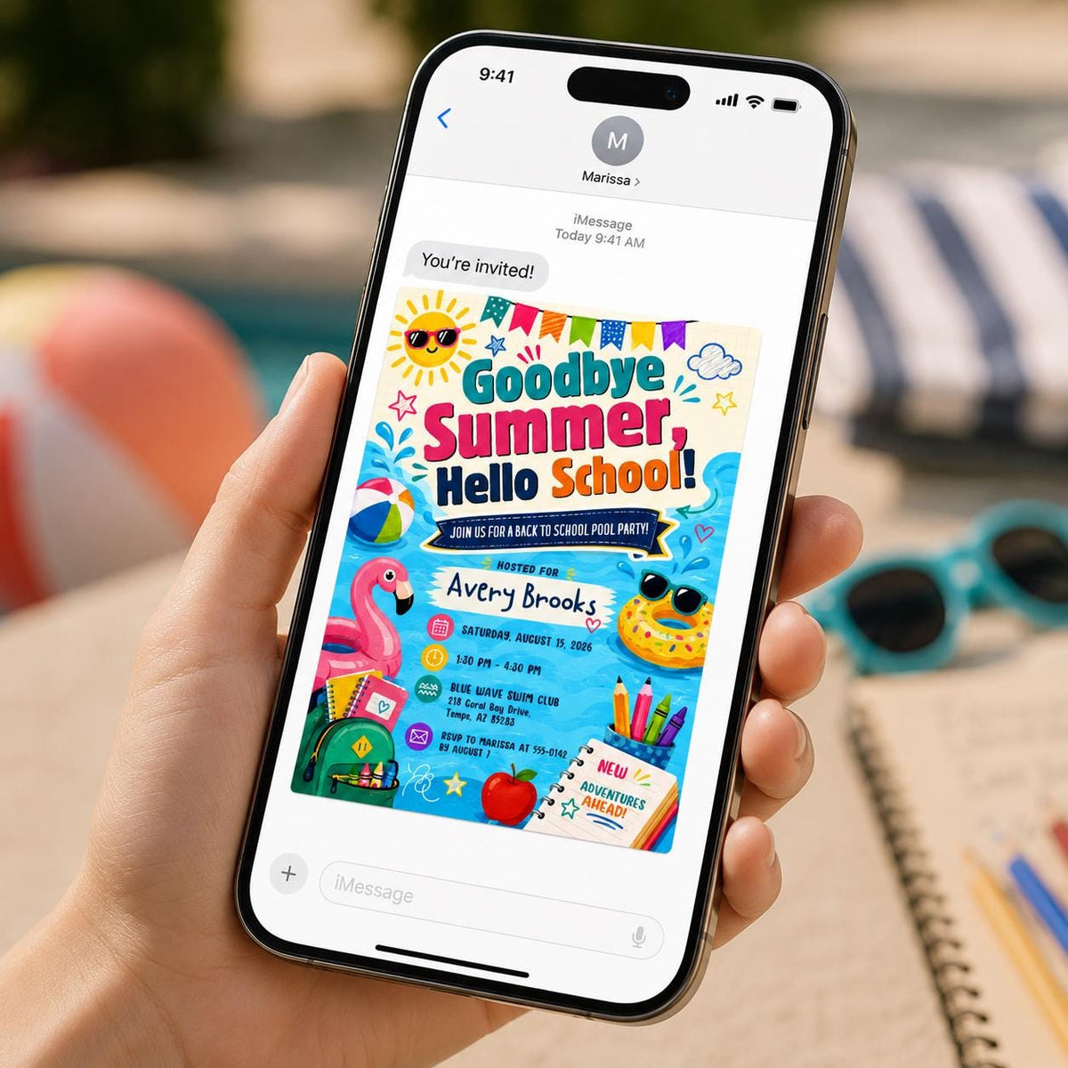 Goodbye Summer Hello School Pool Party Invitation in blue and pink