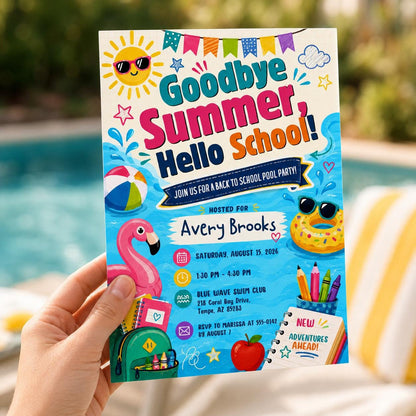 Goodbye Summer Hello School Pool Party Invitation — supplies design