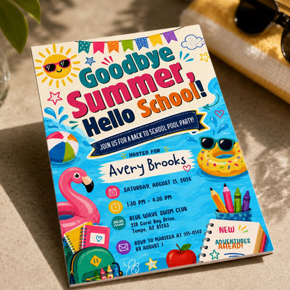 Goodbye Summer Hello School Pool Party Invitation — supplies artwork in blue and pink