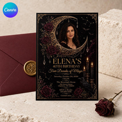 Gothic Celestial 40th Birthday Invitation — editable Canva template